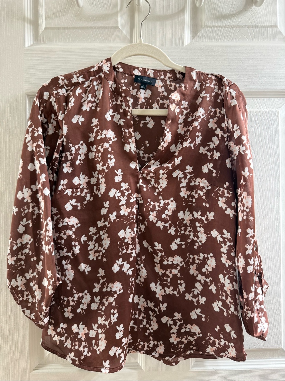 The Limited Brown Floral V-Neck Blouse with White Print